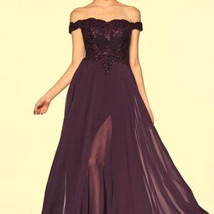 Cinderella Divine Eggplant Purple Emroidered Lace Chiffon Gown